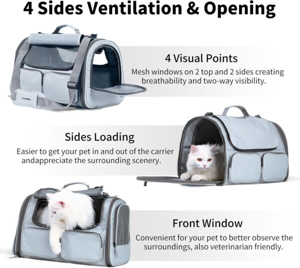 FUKUMARU Cat Carrier, Soft-Sided Small Dog Carrier, Large Cat Travel Bag with 4 Mesh Windows, Under 6.8 Kg Airline Approved Pet Carrier with 4 Storage Pockets, Rollable Cover for Nervous Cats, Grey - Image 4