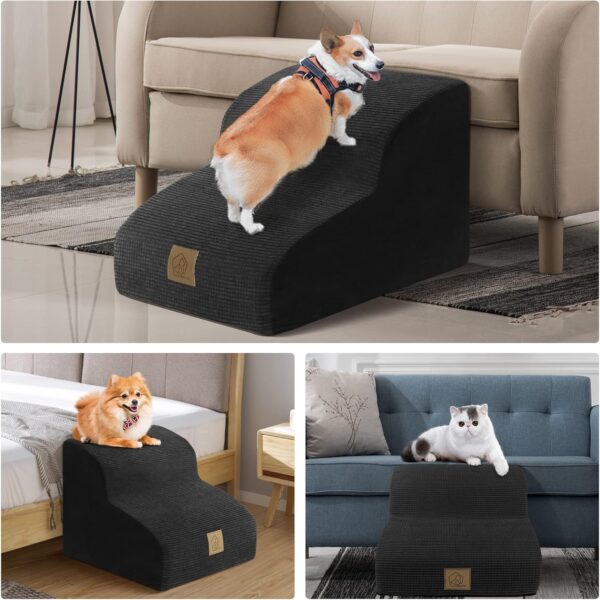 2-Steps Dog Stairs for Sofa Bed, Non-Slip Foam Pet Ramp for Small Injured Dogs and Cats, Portable Pet Ladder with Removable and Washable Plush Cover,Send Lint Roller Set Black - Image 7