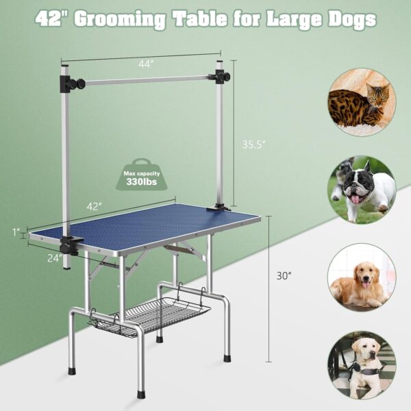 Lyromix Dog Grooming Table, Adjustable Large Pet Drying Desktop, Foldable Bathing Desk with Arms, Noose, Mesh Tray, Maximum Capacity Up to 330Lb, Stainless Steel, Blue, 42inch - Image 2