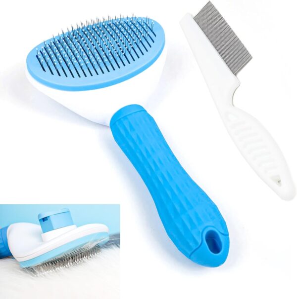 Bwetomk Dog Brush Cat Brush Grooming Comb Fine Tooth Comb, Self Cleaning Cat Dog Slicker Brushes with Smooth Handle,Pet Grooming Tool for Cat Dog Shedding Tool Massage Clean Tangled Brush (Blue) - Image 5