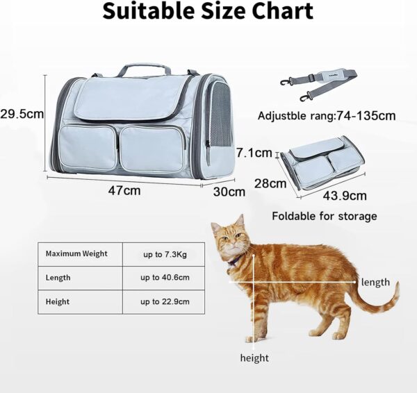 FUKUMARU Cat Carrier, Soft-Sided Small Dog Carrier, Large Cat Travel Bag with 4 Mesh Windows, Under 6.8 Kg Airline Approved Pet Carrier with 4 Storage Pockets, Rollable Cover for Nervous Cats, Grey - Image 5