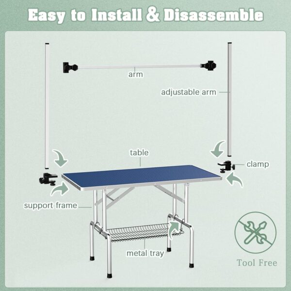 Lyromix Dog Grooming Table, Adjustable Large Pet Drying Desktop, Foldable Bathing Desk with Arms, Noose, Mesh Tray, Maximum Capacity Up to 330Lb, Stainless Steel, Blue, 42inch - Image 7