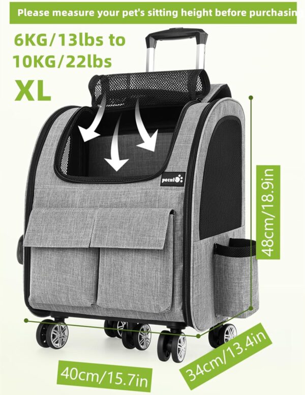 pecute Pet Trolley Backpack, Dog Rucksack Bag on Wheels, Multi-Function Rolling Carrier with Adjustable Height, Multi-Pockets Breathable Pet Travel Carrier for Cats & Dogs (Grey, XL) - Image 2