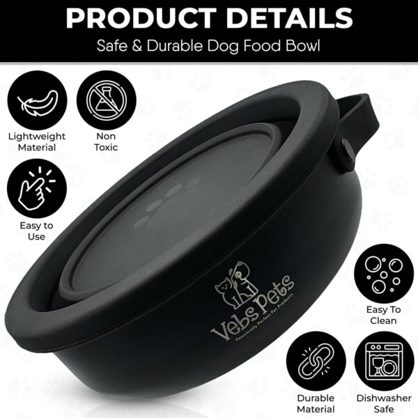 Vebs Pets- Stainless Steel Dog BowL 30 oz, W/Collapsible Bowl Lid 20 oz W/Handle, Leak Proof, Non Slip, Food & Water Pet Bowls for Dogs & Cats, Medium Dogs, Portable Travel Dog Bowl, Black - Image 3