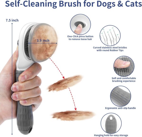 WOPQAEM 5 in 1 Dog Grooming Kit, Self-Cleaning Slicker Brush for Dogs & Cats, Shedding Brush for Short & Long Haired Pets. Includes Comb, Flea Comb, Bath Brush, Undercoat Rake - Grey - Image 3