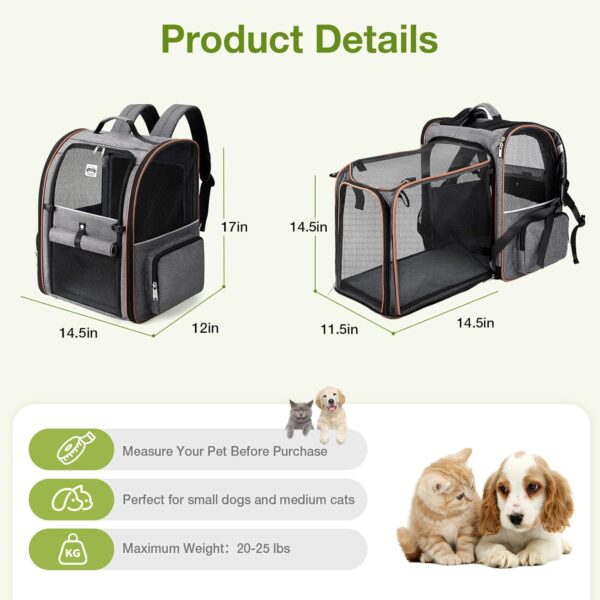 Lekesky Cat Carrier Dog Backpack - Portable Breathable Rucksack for Medium and Small Cats & Dogs, Front Opening Mesh Window and Pockets, Extendable Back for More Space, Supports 25 lbs (Grey) - Image 2