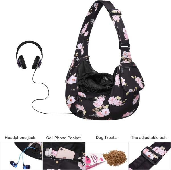 MOSISO Dog Cat Sling Carrier, Pet Dog Carrier Camellia Tote Bag Hands Free Adjustable Padded Strap Breathable Polyester Soft Carrying Travel Shoulder Bag with Front Pocket for Small Dog Cat, Black - Image 3