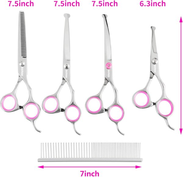 GEMEK Dog Grooming Scissors Set, 4CR Stainless Steel Safety Round Tip Pet Professional Grooming Tool 5 Pieces Kit - Straight, Curved, Thinning Shears & Comb for Dogs, Cats and Other Animals - Image 3