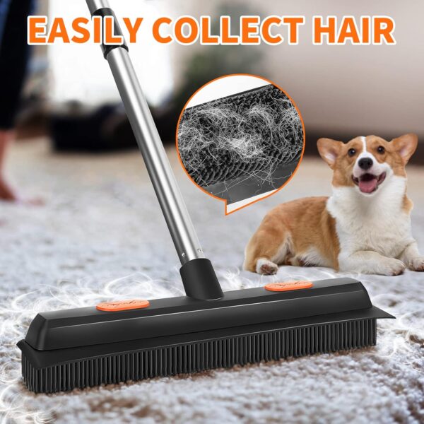 CityMoka Pet Hair Remover Rubber Broom, 2 in 1 Fur Remover Broom with Squeegee, Carpet Rake Brush, Pet Grooming Gloves, Carpet Rake for Pet, Fluff Carpet, Hardwood Floor, Tile, Window - Image 2