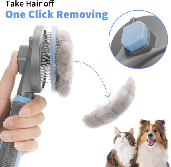 Dog Brush Cat Brush, Self Cleaning Dog Brushes for Grooming, Dog Cat Comb with Handle for Short / Long hair, Pet Brush with Self Cleaning Button for Removing Undercoat, Loose Fur & Dirt - Grey - Image 3