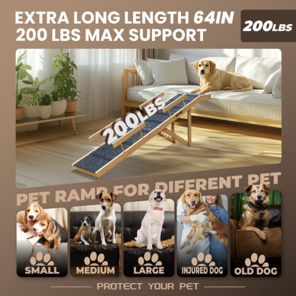 Dog Ramp for Bed,Extra Long 64" Folding Pet Ramp Adjustable Height 24" to 30" Wooden Dog Ramp for Small Large Dogs to Get on Bed,Dog Bed Ramp Portable Pet Ramp for Couch,Car, Bed - Image 5