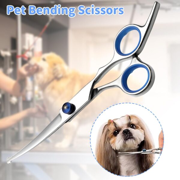 KMZ Pet Grooming Scissors 6" Dog Curved Scissors with Safety Round Tip Stainless Steel Pet Grooming Dog Cat Hair Cutting Trimming Scissors for All Dogs Grooming Family (Blue Curved Scissor) - Image 7