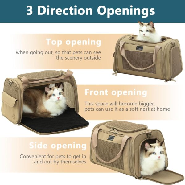 Petsfit Airline Approve Cat Carrier, Lightweight Travel Use Dog Carrier for Small Dogs, Quadrangle Oxford Fabric and Ventilation Mesh，Soft Sided Pet Travel Carrier with Expandable mat，Khaki - Image 4