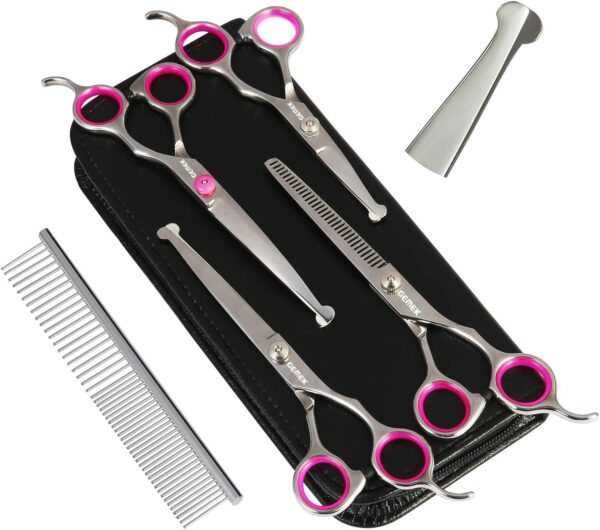 GEMEK Dog Grooming Scissors Set, 4CR Stainless Steel Safety Round Tip Pet Professional Grooming Tool 5 Pieces Kit - Straight, Curved, Thinning Shears & Comb for Dogs, Cats and Other Animals - Image 2