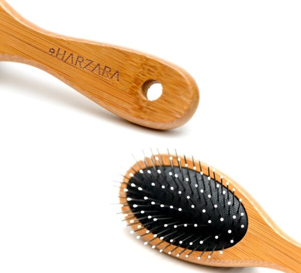 Harzara Eco-Friendly Pet Brush for Dogs & Cats. Professional, Double Sided Pin & Bristle for Short, Medium or Long Hair. Bamboo Grooming Comb Cleans Pet Shedding & Dirt Plus Smoothes Coat. - Image 8