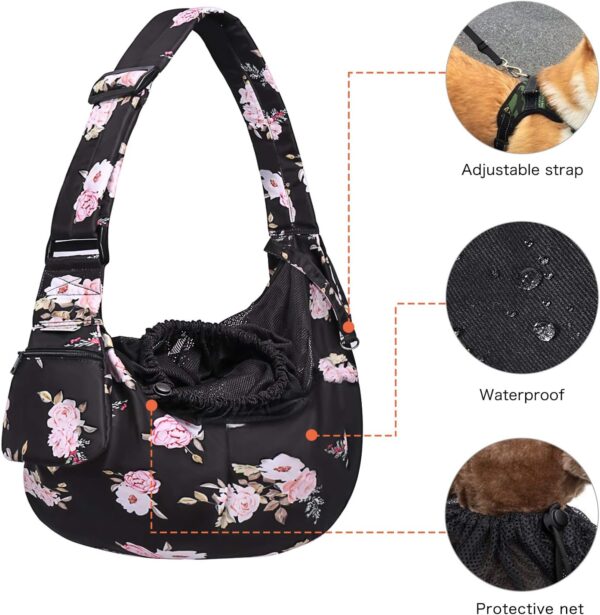 MOSISO Dog Cat Sling Carrier, Pet Dog Carrier Camellia Tote Bag Hands Free Adjustable Padded Strap Breathable Polyester Soft Carrying Travel Shoulder Bag with Front Pocket for Small Dog Cat, Black - Image 2