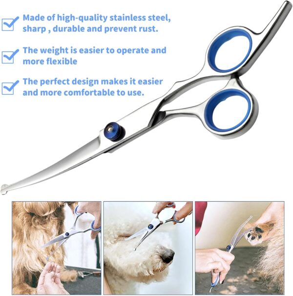 KMZ Pet Grooming Scissors 6" Dog Curved Scissors with Safety Round Tip Stainless Steel Pet Grooming Dog Cat Hair Cutting Trimming Scissors for All Dogs Grooming Family (Blue Curved Scissor) - Image 3