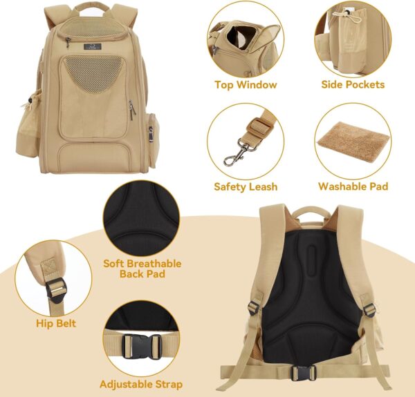 A4Pet Cat Carrier Backpack, Large Dog Backpack Carrier with Two-Sided Window & Interaction Design, Breathable Pet Carrier for Small Medium Dogs/Cats, Pet Carrier bag for Travel, Hiking, Khaki - Image 6