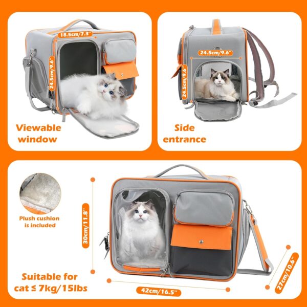 3 in 1 Pet Carrier Bag & Backpack, Portable Pet Bag - Folding Fabric Pet Carrier, Travel Carrier Bag for Dogs or Cats, Collapsible Pet Handbag with Locking Safety Zippers & Pockets & Plush Mat - Image 2