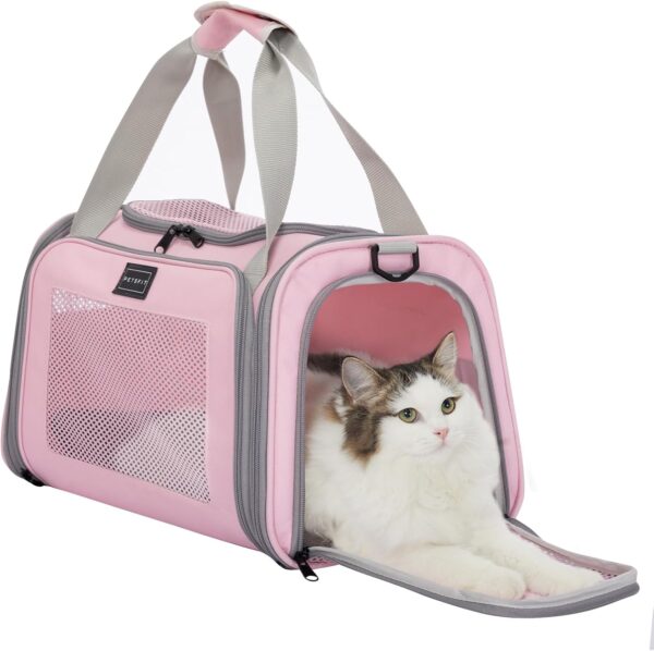 PETSFIT Cat Travel Carrier with Extendable Fleece Pet Mat, Cat Carrier Airline Approved with Safety Leash for Pets Up to 12 Lbs (44 * 26.5 * 27CM, Pink) - Image 9