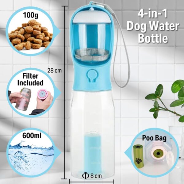 PANJAL Portable Dog Water Bottle 600ml, 4 in1 Multi Function Leak Proof BPA-Free Poo Bag Dispenser Snack Compartment Carbon Filter - Outdoor Walking Hiking Travel - Turquoise Blue - Image 5