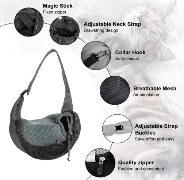 Small Dog Puppy Sling Carrier, Hands-Free Cat Carry Bag Mesh Pet Dog Papoose Pouch Tote Adjustable Padded Shoulder Pet Sling with Pocket & Collar Hook Pet Safety Carrier for Daily Walking Subway,L - Image 3