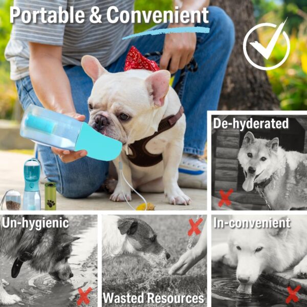 PANJAL Portable Dog Water Bottle 600ml, 4 in1 Multi Function Leak Proof BPA-Free Poo Bag Dispenser Snack Compartment Carbon Filter - Outdoor Walking Hiking Travel - Turquoise Blue - Image 2