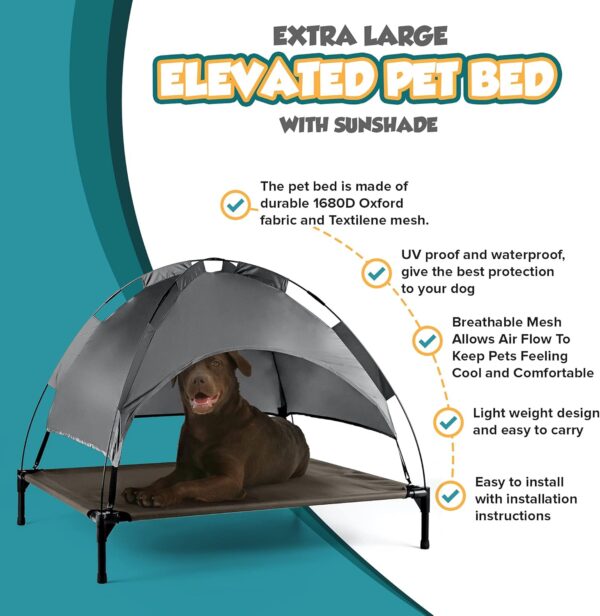 Petlicity Elevated Dog Bed with Canopy Shade Portable Raised Cooling Ideal for Camping Home Garden Waterproof Washable & Breathable Oxford Fabric (Extra-Large) - Image 2