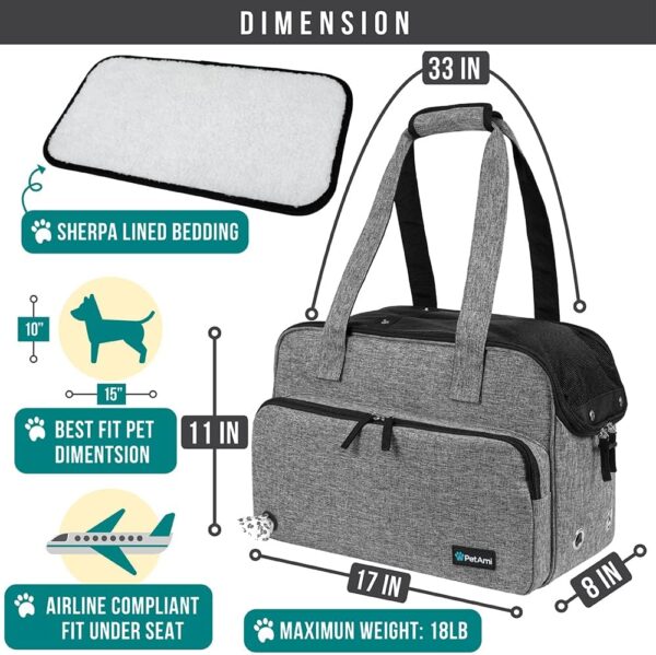 PetAmi Small Dog Purse Carrier, Soft-Sided Pet Carrier Bag with Pockets, Portable Puppy Cat Travel Handbag Tote, Airline Approved Breathable Mesh, Poop Bag Dispenser, Sherpa Bed, Max 18 lbs, Gray - Image 2