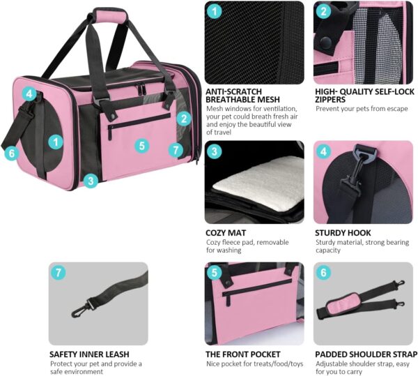 Cat Carrier Dog Carrier Airline Approved Pet Carriers for Small Cats Dogs Puppies Bunny, Small Dog Soft Sided Carrier Collapsible Puppy Carrier (Pink) - Image 3