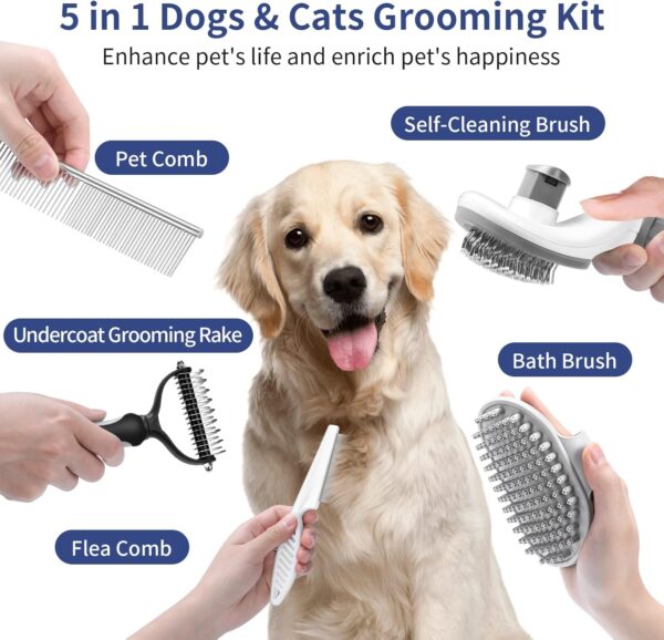 WOPQAEM 5 in 1 Dog Grooming Kit, Self-Cleaning Slicker Brush for Dogs & Cats, Shedding Brush for Short & Long Haired Pets. Includes Comb, Flea Comb, Bath Brush, Undercoat Rake - Grey - Image 2