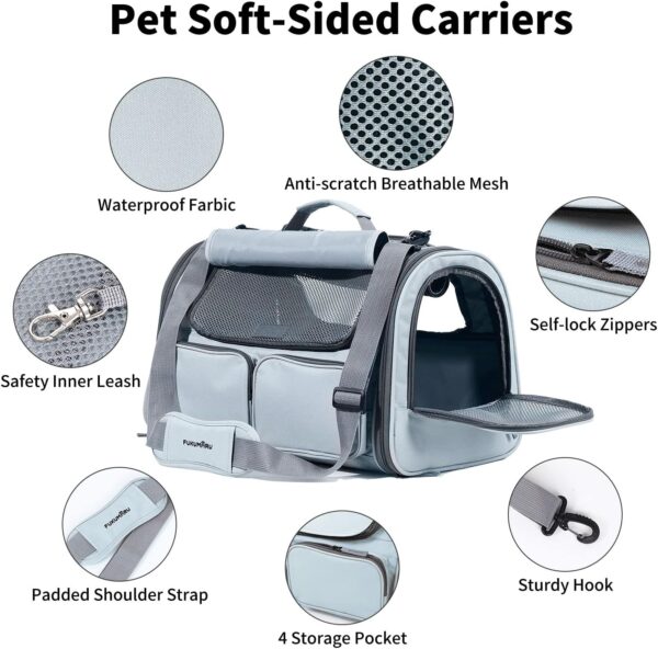 FUKUMARU Cat Carrier, Soft-Sided Small Dog Carrier, Large Cat Travel Bag with 4 Mesh Windows, Under 6.8 Kg Airline Approved Pet Carrier with 4 Storage Pockets, Rollable Cover for Nervous Cats, Grey - Image 3