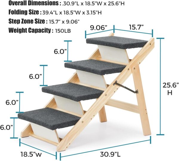 SweetBin Wood Pet Stairs/Pet Steps for All Dogs and Cats - 2-in-1 Foldable Carpeted 3 Tiers Dog Stairs & Ramp Perfect for Beds and Cars - Portable Dog/Cat Ladder Up to 150 Pounds - Image 7