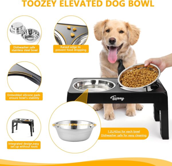 Toozey Raised Dog Bowl Height-Adjustable, Dog bowls with 2x 1200ml Stainless Steel Bowls, for Medium & Large Dogs, Non-Slip and No Spill (Black) - Image 4