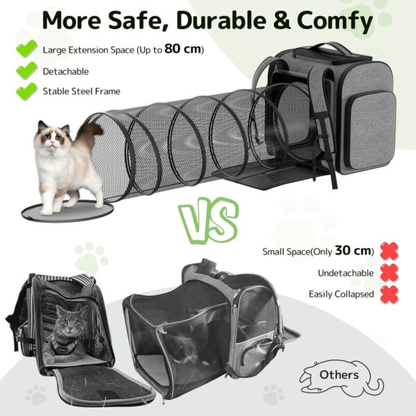 Pawtners Cat Carrier Backpacks with Expandable Cat Play Tunnel, Airline Approved Pet Backpack for Small Dogs & Large Cats Up to 25 Lbs, Foldable Cat Travel Carrier for Vet Hiking Camping-Grey - Image 3