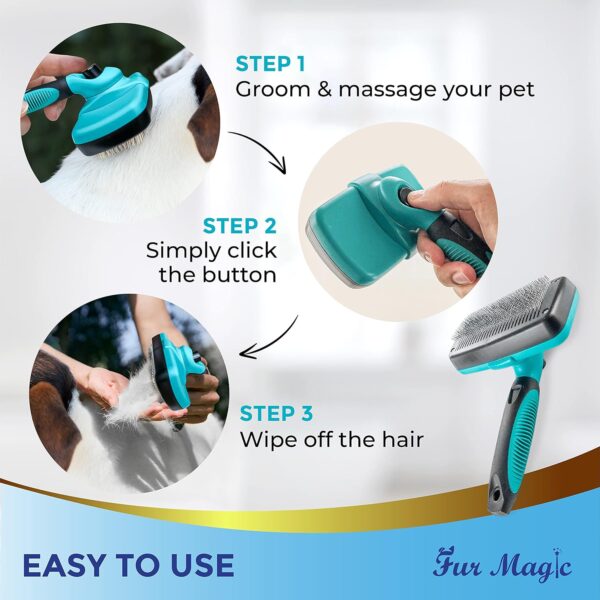 Fur Magic Self Cleaning Slicker Brush, Dog and Cat Brush for Grooming, Removes Dead Undercoat and Loose Hair, Deshedding Tool for Small, Medium and Long Haired Dogs and Cats, Turquoise - Image 2