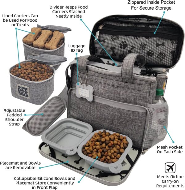 Mobile Dog Gear, Week Away Dog Travel Bag for Small Dogs, Includes 2 Lined Food Carriers and 2 Collapsible Dog Bowls, Meets Airline Requirements, Heathered Gray - Image 3