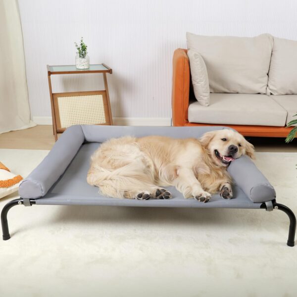 TJSOULER Cooling Elevated Dog Bed with Bolster,Portable Washable Raised Dog Cot with Chew Proof Mesh and Metal Frame,No-Slip Rubber Feet for Indoor & Outdoor Use(Grey,XL) - Image 2