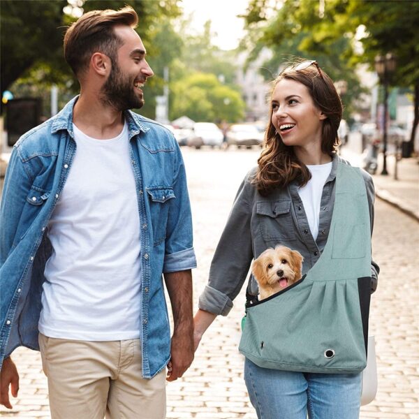 SLSON Pet Sling Carrier Hands-free Sling Pet Dog Cat Carrier Bag with Adjustable Shoulder for Cat and Small Dog Outdoor and Travelling, comes with Collapsible Dog Bowl, Small Size, Green - Image 2