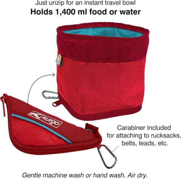 Kurgo Zippy Bowl, Collapsible Travel Dog Bowl for Food and Water with Carabiner, BPA free, Holds 1.4L, Barn Red - Image 3