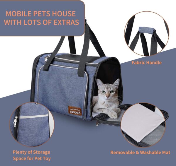 Cat Carrier Bag in Denim Fabric, ENSOBO Pet Transport Bag for Cats and Small Dogs, TSA Approved Pet Travel Carrier with Two Bigger Side Bags, Shoulder Strap for Carrying, Denim Blue - Image 6