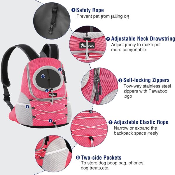 Pawaboo Pet Dog Carrier Backpack, Puppy Dog Travel Front Carrier for Small Medium Dogs Cats, Adjustable Breathable Dog Carrying Backpack with Safety Strips for Hiking, Walking (Pink M Up to 10 lbs) - Image 6