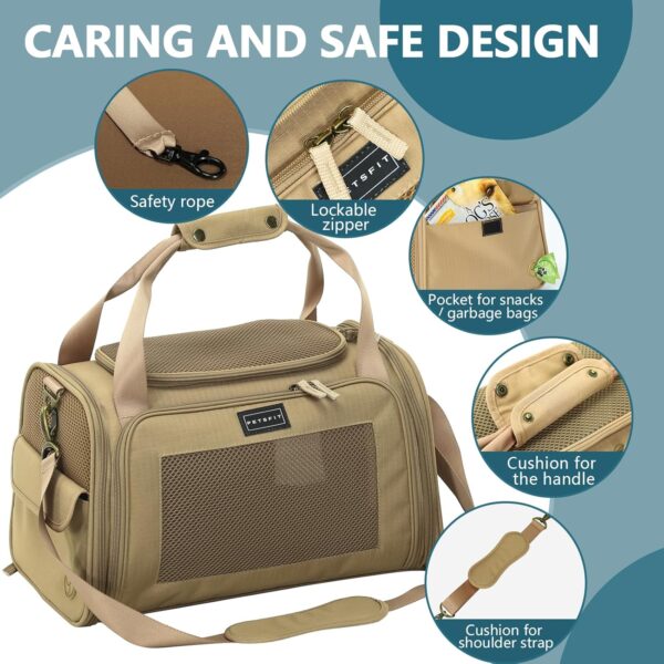 Petsfit Airline Approve Cat Carrier, Lightweight Travel Use Dog Carrier for Small Dogs, Quadrangle Oxford Fabric and Ventilation Mesh，Soft Sided Pet Travel Carrier with Expandable mat，Khaki - Image 3