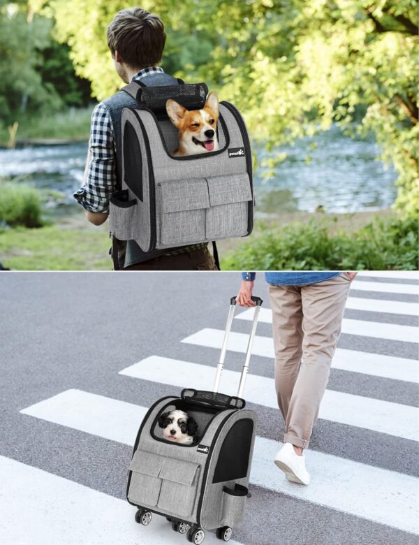 pecute Pet Trolley Backpack, Dog Rucksack Bag on Wheels, Multi-Function Rolling Carrier with Adjustable Height, Multi-Pockets Breathable Pet Travel Carrier for Cats & Dogs (Grey, XL) - Image 4