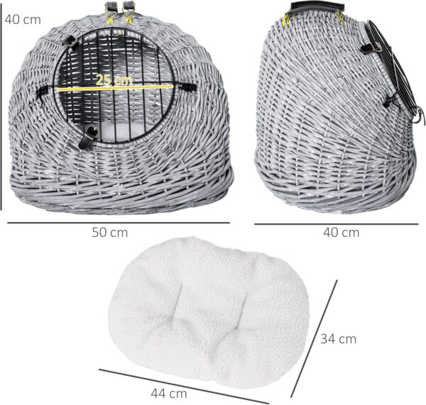 Pawhut Wicker Pet Carrier Basket Cat Kitten Bed Portable Travel Cage with Soft Cushion Handle Grey, 50 x 40 x 40 cm, 3.6 kg - Image 3