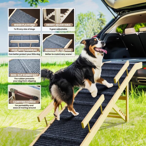 Dog Ramp for Bed,Extra Long 64" Folding Pet Ramp Adjustable Height 24" to 30" Wooden Dog Ramp for Small Large Dogs to Get on Bed,Dog Bed Ramp Portable Pet Ramp for Couch,Car, Bed - Image 2