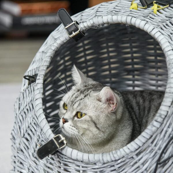 Pawhut Wicker Pet Carrier Basket Cat Kitten Bed Portable Travel Cage with Soft Cushion Handle Grey, 50 x 40 x 40 cm, 3.6 kg - Image 9