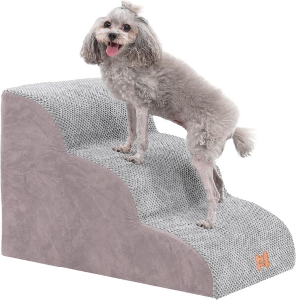 Dog Stairs for Bed and Sofa 3 Steps High Density Non-Slip Foam Pet Steps Portable Pet Ramp Ladder for Small Dogs Cats with Removable and Washable Plush Cover for Older Dogs/Cats with Joint Pain - Image 8