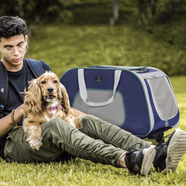 A 4 Pet Dog Carrier on Wheels, Rolling Cat Carrier Up to 33 LBS, Portable Pet Carrier Travel Bag with Handle Adjustable and Removable Base, Navy Blue - Image 8