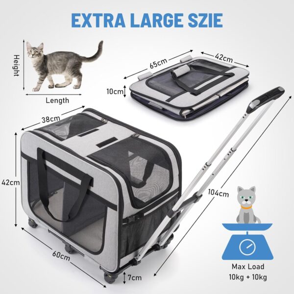 FASNATI Extra Large Double-Compartment Pet Carrier with Detachable Wheels for Cat/Dog, Foldable Rolling Carrier for 2 Cats, Pet Cat Travel Carrier for Walking/Camping, Grey - Image 2